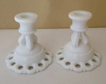 Vintage White Milk Glass Westmoreland "Doric" Candlestick set Candle Holder