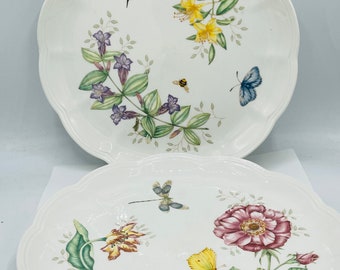 2 Lenox Butterfly Meadow Dinner Plates 10.75" Dragon Fly & Fritillary - Nice condition