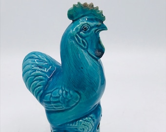 Antique Chinese Turquoise Glazed Porcelain Rooster Figurine Majolica