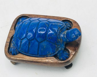 Vintage Chinese Lapis Lazuli Hand-Carved Turtle w/ Custom Wood Stand