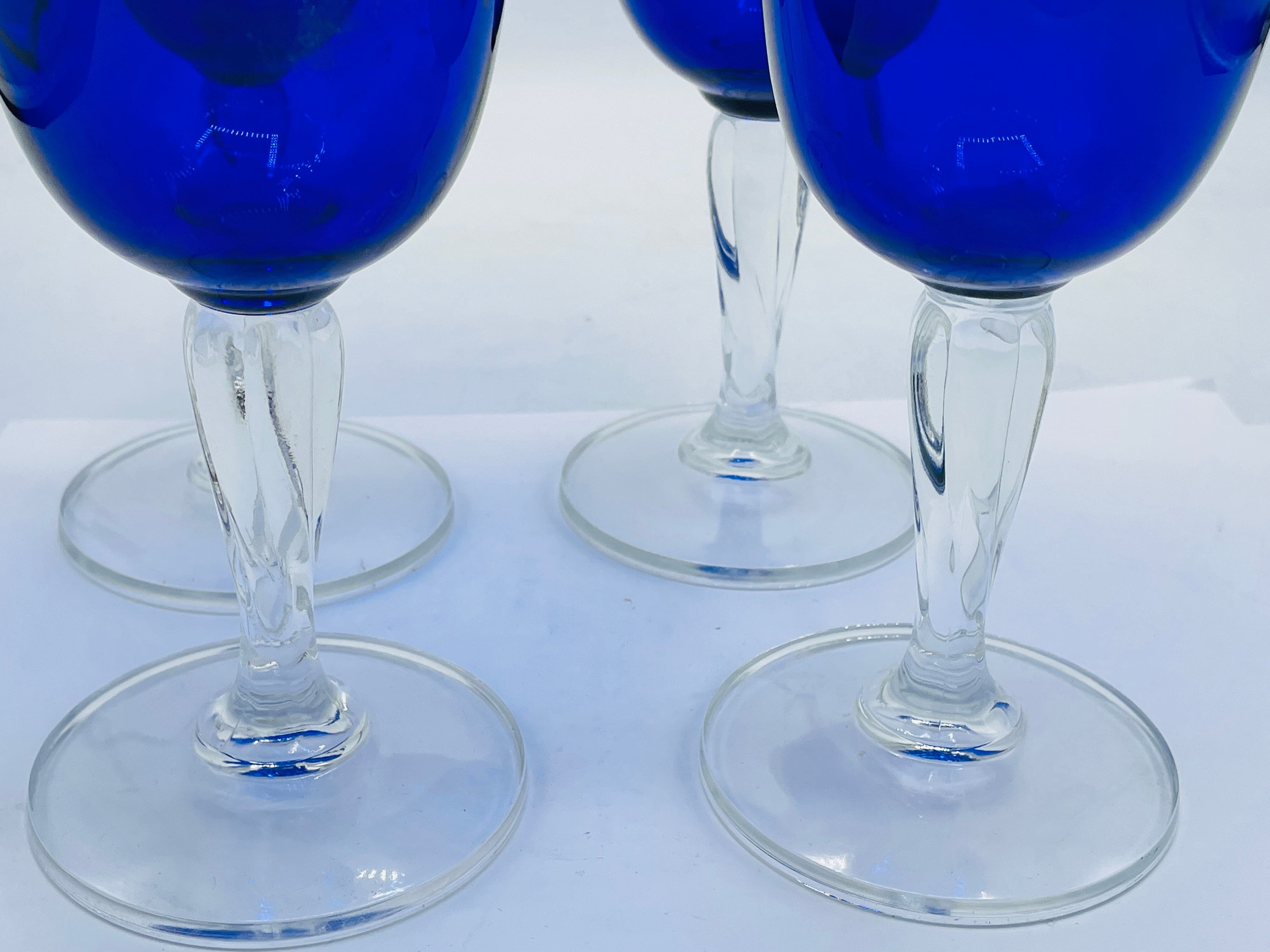 Cobalt Blue Clear Stem Large Martini Glasses Set of 7 Clear Stem Blue Bowl  Vintage Stemware 
