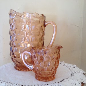 Vintage Jeanette Glass Cubist Large Pitcher and creamer- Pink Glass- Depression Glass Nice Condition