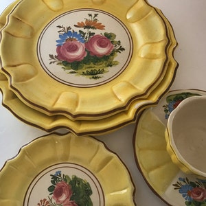 Rare 25 PC - SVC for 5 Vintage Majolica Italian Bassano, Nova Hand painted 5 PC Place Setting Dinnerware Made In Italy- roses and flowers
