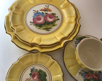 Rare Vintage Majolica Italian Bassano, Nove Handpainted 5 PC Place Setting Dinnerware Set Made In Italy- Wonderful bright roses and flowers