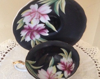 Vintage Ardalt, Lenwile,  tea cup and saucer-marked  Occupied Japan Black Hand Painted with Lotus Blossom