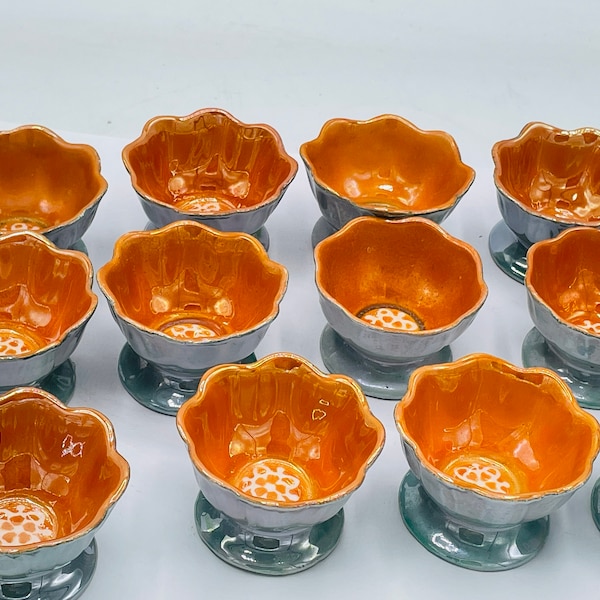 Porcelain set of  (12) Dozen  Lusterware Salt Cellars  Orange and Blue with flower center- Chip Free Marked Japan