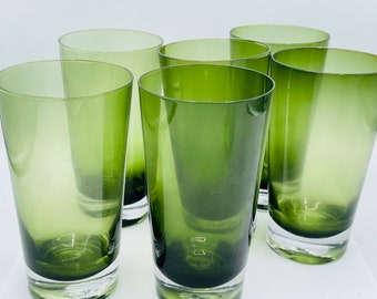 Vintage  Set of 6 Heavy Olive Green w Clear Bases Tumblers 6 1/2" x 3 3/4"