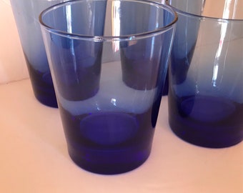 Vintage set of (4) Cobalt Blue Glass Cocktail Rocks- Whiskey Scotch drinking glasses-Libbey 12 Ounce