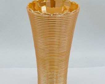 Fire King Anchor Hocking Peach Marigold Thin Ribbed Iridescence Luster Vase – 7 .25"