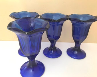 Vintage Set of (4)  Cobalt Blue Glass Sundae Bowl with scalloped edges-- 6" tall