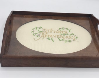 Vintage  50th Anniversary Needlepoint serving Tray Wood Frame- Glass -Nice condition