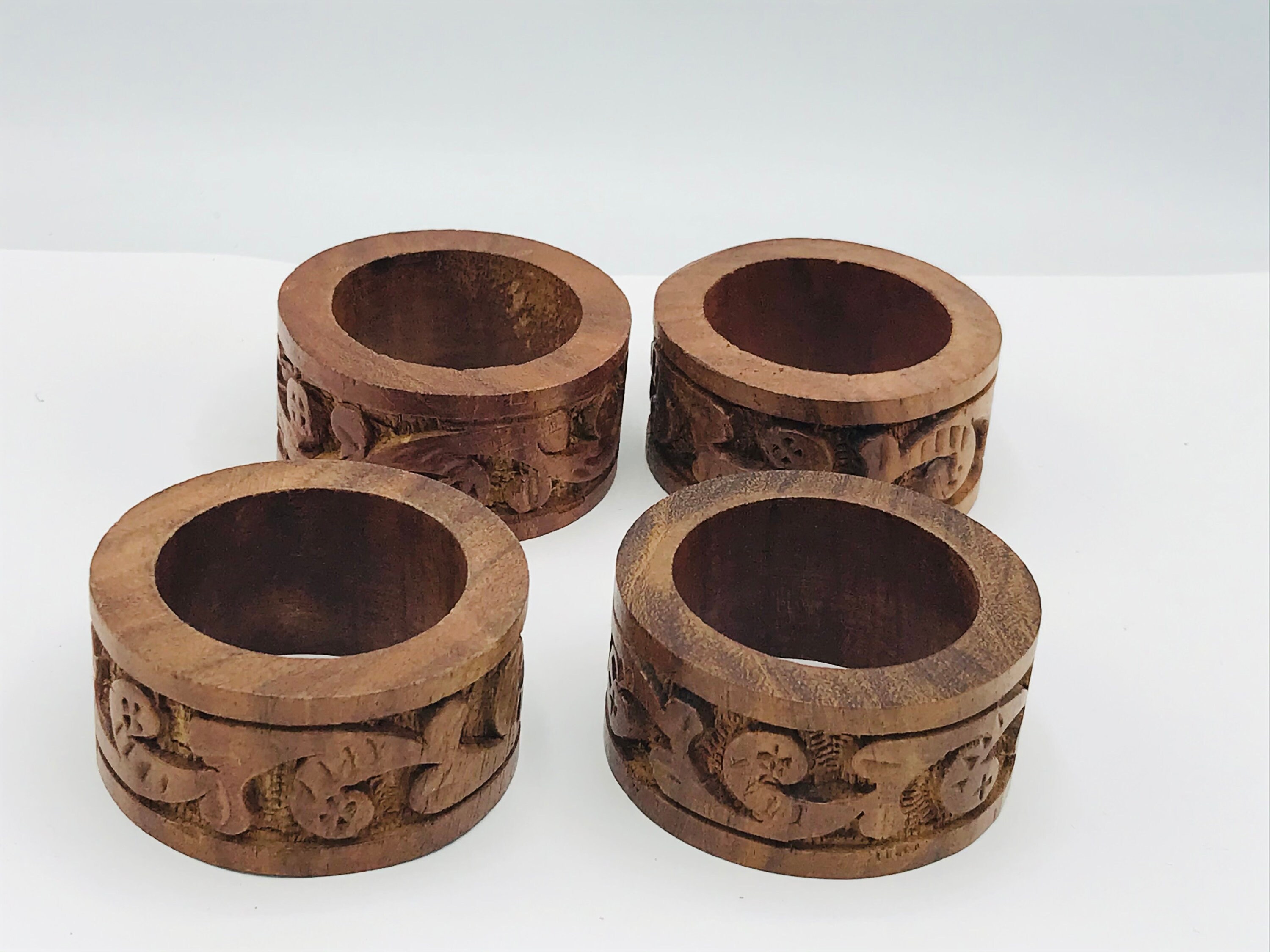 Vintage Hand Carved Wood Napkin Rings Set Of 6 Floral Brown India 