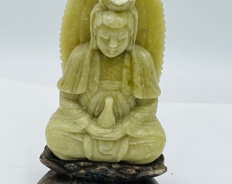 Antique Buddha Chinese Statue Kwan-yin Soapstone Quan Yin Sitting on Lotus Guan Yin Rare