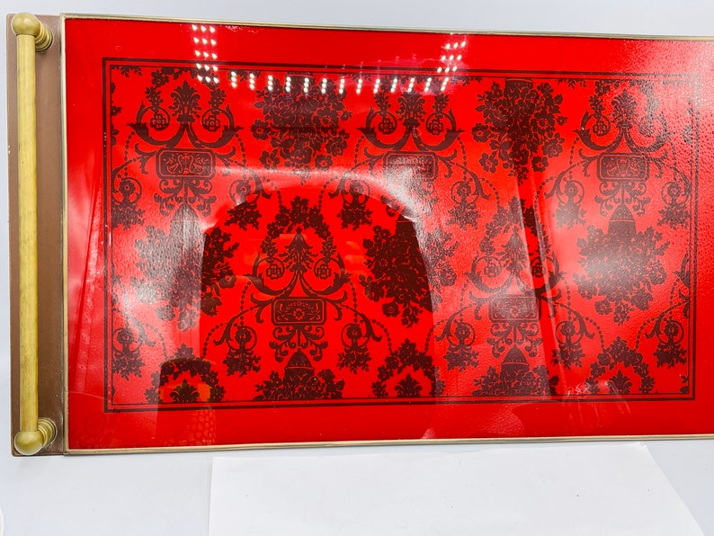 Vintage Glass Brass Handled Dresser Table Tray Red and Black Nordstroms 10 3/4 X 9.5 Asian Style image 2