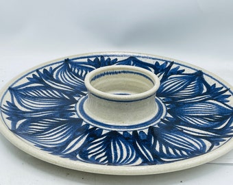 Handmade, Wheel Thrown Signed Ceramic Chip/Dip Tray  Blue  Glaze-18"- Great Condition