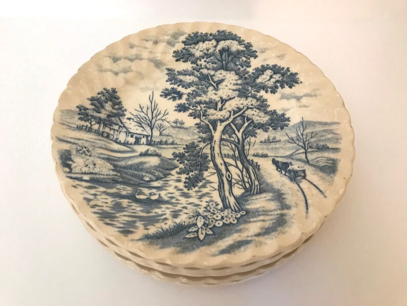 Blue River Blue and White Transfer ware Bread Salad Plate-Nasco Vintage 5 Made In Japan -English Countryside Scene-7 Diameter