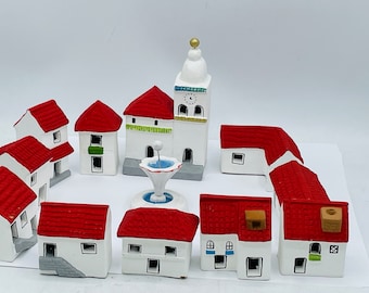 Vintage 12 PC Set Folk-art Made in Ecuador Small House Red Roofs Village Scene clay original piece