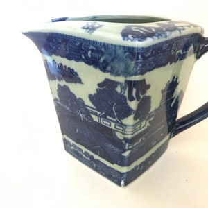 Vintage Flow Blue and White Transferware Pitcher Square Unusual