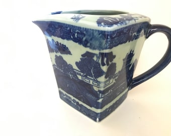 Vintage Flow Blue and White Transferware Pitcher Square Unusual