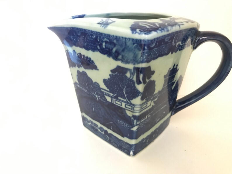 Vintage Flow Blue and White Transferware Pitcher Square Unusual image 1