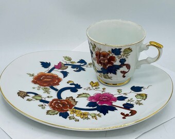 Vintage Jonas Roberts Oval Snack Cup & Plate Set, Japan, 9.5" x 8", Flowers deco