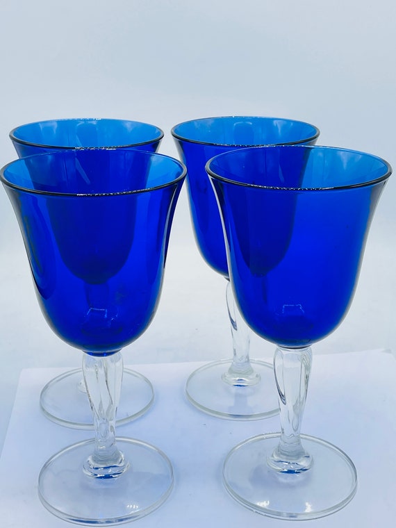 Crystal Blue Water Goblets Gold Rim Blown Glass Blue Stem Water Goblets  Blue Tabledecor -  Israel