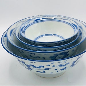 Vintage Nesting Rice Bowl Set of 4 Blue and White with hand painted floral design Chip Free image 1