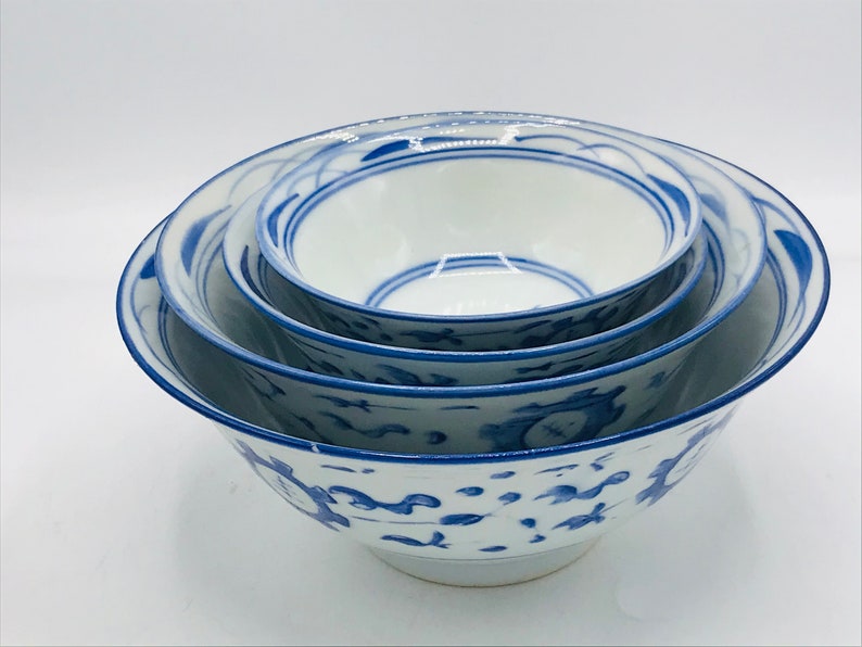 Vintage Nesting Rice Bowl Set of 4 Blue and White with hand painted floral design Chip Free image 1