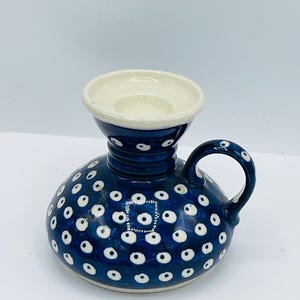 Boleslawiec Polish Pottery~ 4&quot; Tall Candle Holder~Blue  White-Handcrafted