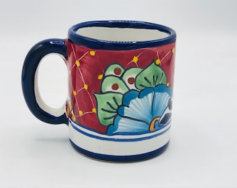 Vintage Talavera mug- Handcrafted Lead Free- Folk art Red Blue and Yellow