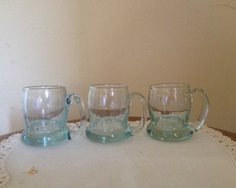 Vintage set of (3) Tinted Green Glass Miniature Mugs  ideal Shots or Sherry- Hand Blown- 2 " tall