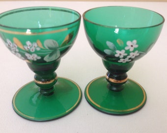 Vintage Pair Czech Bohemian Shot Glasses Handpainted Floral - Green Glass Boho- Nice condition