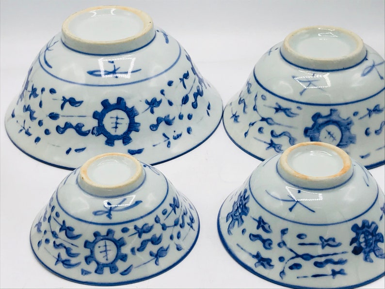 Vintage Nesting Rice Bowl Set of 4 Blue and White with hand painted floral design Chip Free image 6