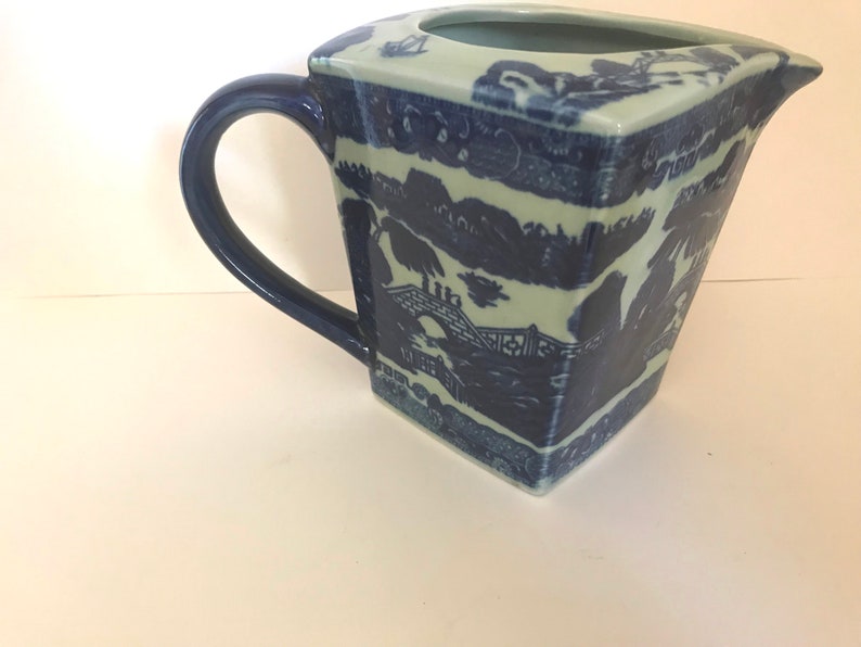 Vintage Flow Blue and White Transferware Pitcher Square Unusual image 5