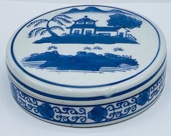 Vintage Blue And White Round Ceramic Box, Trinket Box, Keepsake Box Vintage- Asian Scene 4 3/4"