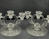 Martinsville Glass Manufacturing Company No. 37 3 Moondrops candelabra, Crystal Vintage Glass Candlestick Holders