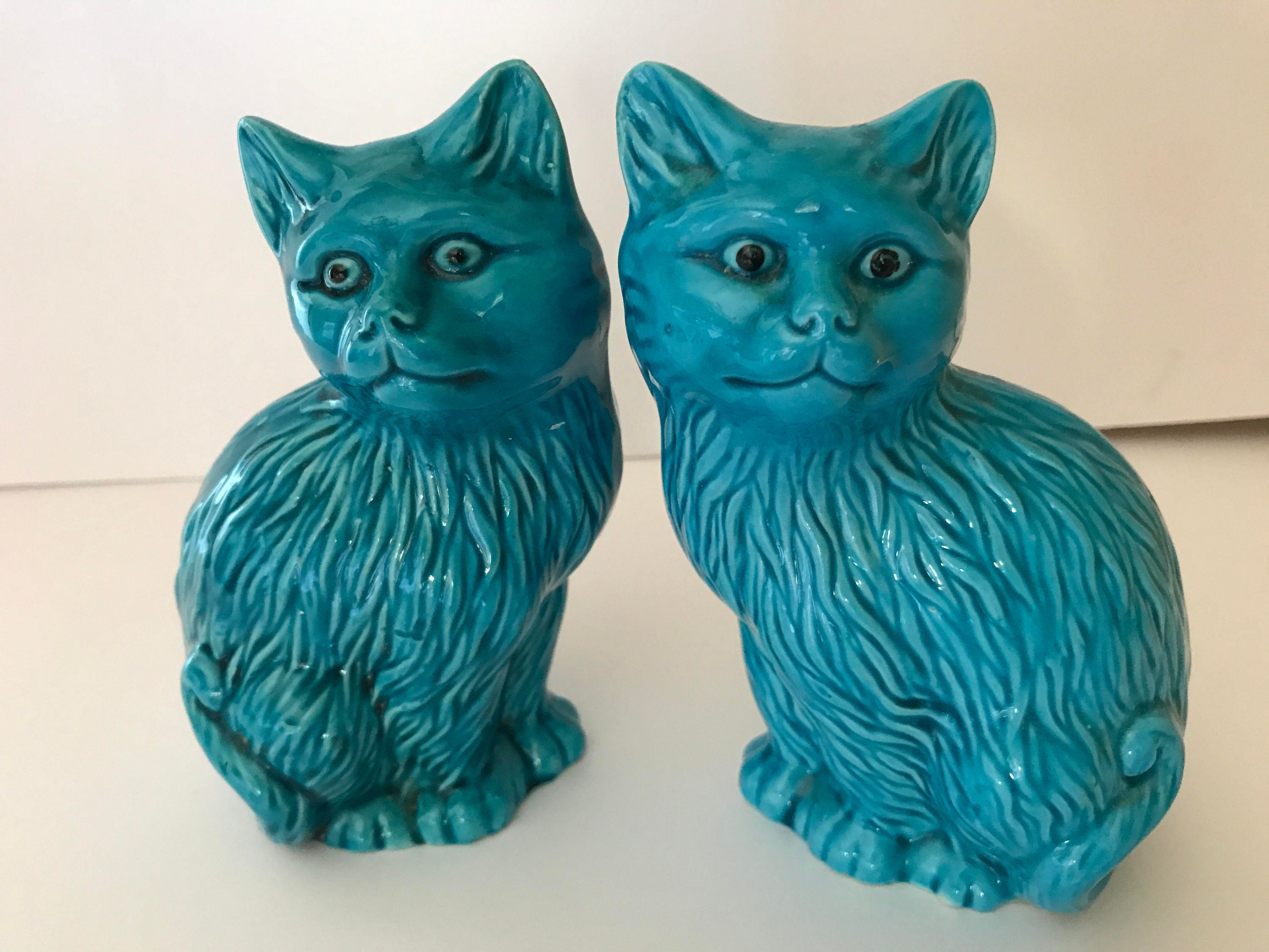 Turquoise Glazed Vintage Collectible Set of 2 Chinese Cats  display picture 1