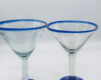 Pretty Pair (2) Handmade Blown Mexican Margarita Glass Blue Rim 8 ounce