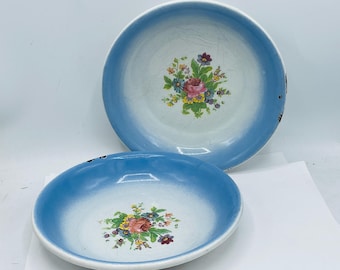 Par de cuencos vintage de esmalte con borde azul floral, estilo rústico mexicano, 18 cm (7 pulgadas)