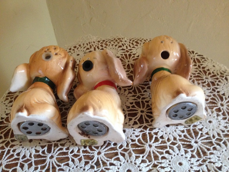 Commodore Dog Salt and Pepper Shakers Spaniel 3 Vintage Set of Noise Makers