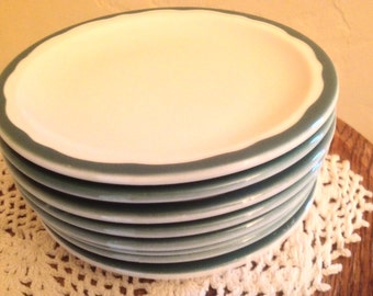 14 Pc 1950's Green Trim Syracuse Coffee Cup/Mugs-Bread Plates -Restaurant Ware-Mint