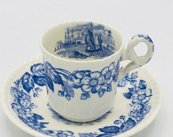Vintage  Copeland Spode "Old Salem" Blue Demitasse Tea Cup and Saucer-Nice  Condition-Blue Transferware sailing  Scene