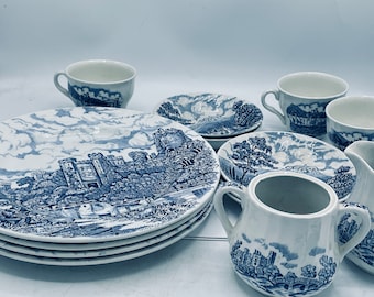 Vintage English Castles Blue by BARRATTS CASTLES Blue Dinnerware Set 14 PCS Staffordshire