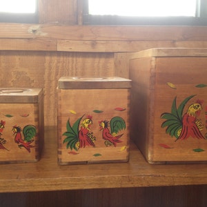 Pretty Vintage Set of Three (3) Wooden Canisters with painted strutting Roosters