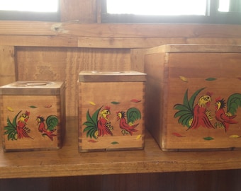 Pretty Vintage Set of Three (3) Wooden Canisters with painted strutting Roosters