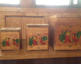 Pretty Vintage Set of Three (3) Wooden Canisters with painted strutting Roosters