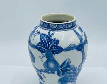 Vintage Blue and White Flower Vase Painted Eggplant Melons Fruit Rare Chinese 6"