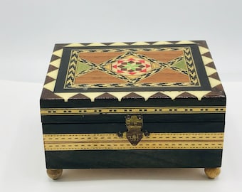 Vintage Mosaic Inlay Wood Middle Eastern Jewelry Music Box- Nice Condition 4 3/4 X 3 7/8"