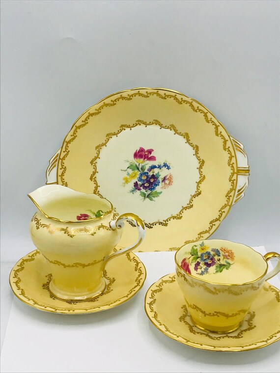 Vintage 5 PC Aynsley C280 7 Floral Yellow Tea Cup Saucer Set Creamer Cake Plate Platter With Gold Scrollwork Etsy