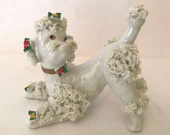 Adorable Vintage  Poodle Figurine Spaghetti White with red and yellow Flowers